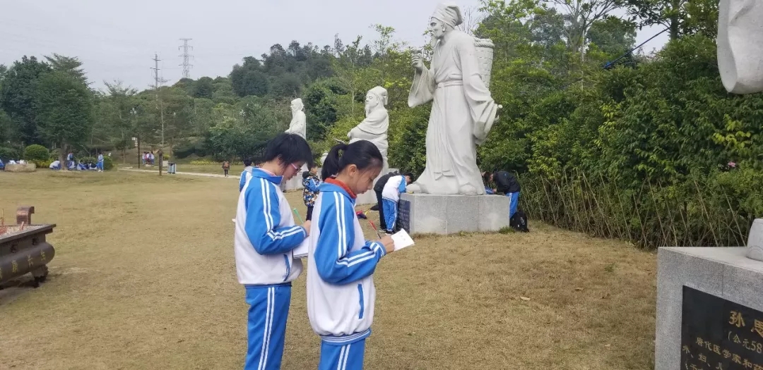 队伍整修后，同学们开始自由参观园区，并拿出研修手册对感兴趣的中医药文化知识行实践或学习